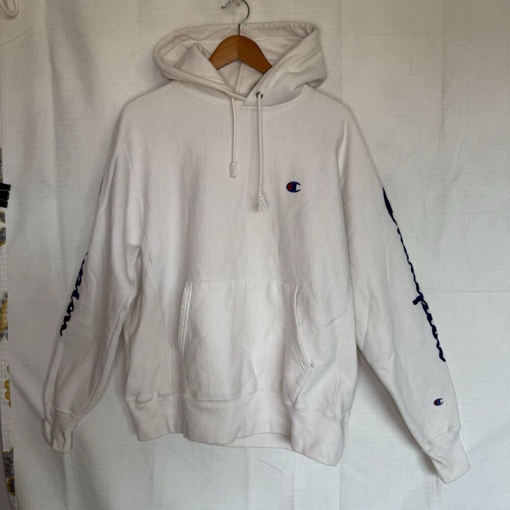 Champion White Large Reverse Weave Hoodie with Champion on arm